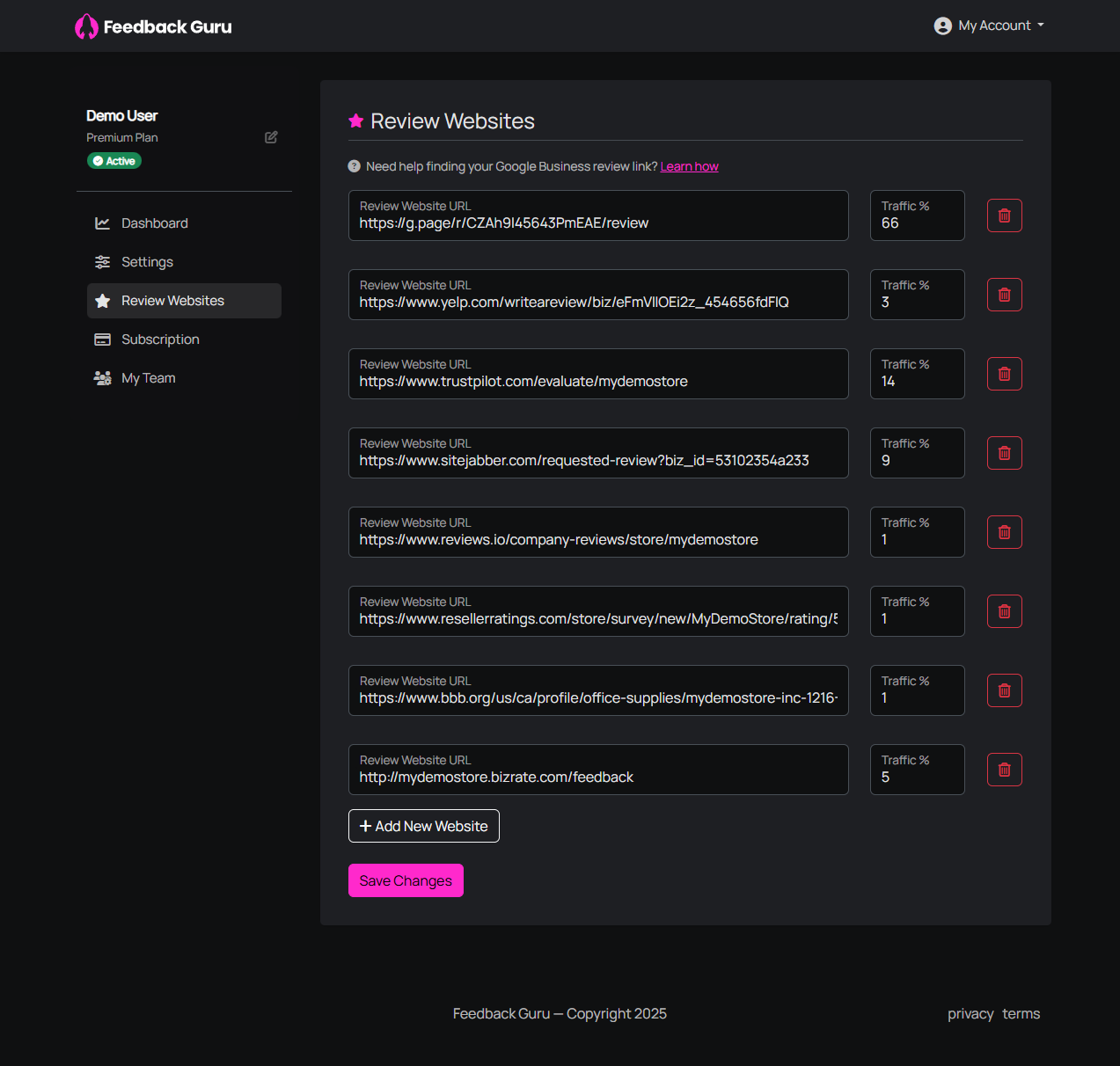 Review Websites - add URLs and Traffic % for each platform, then Save Changes