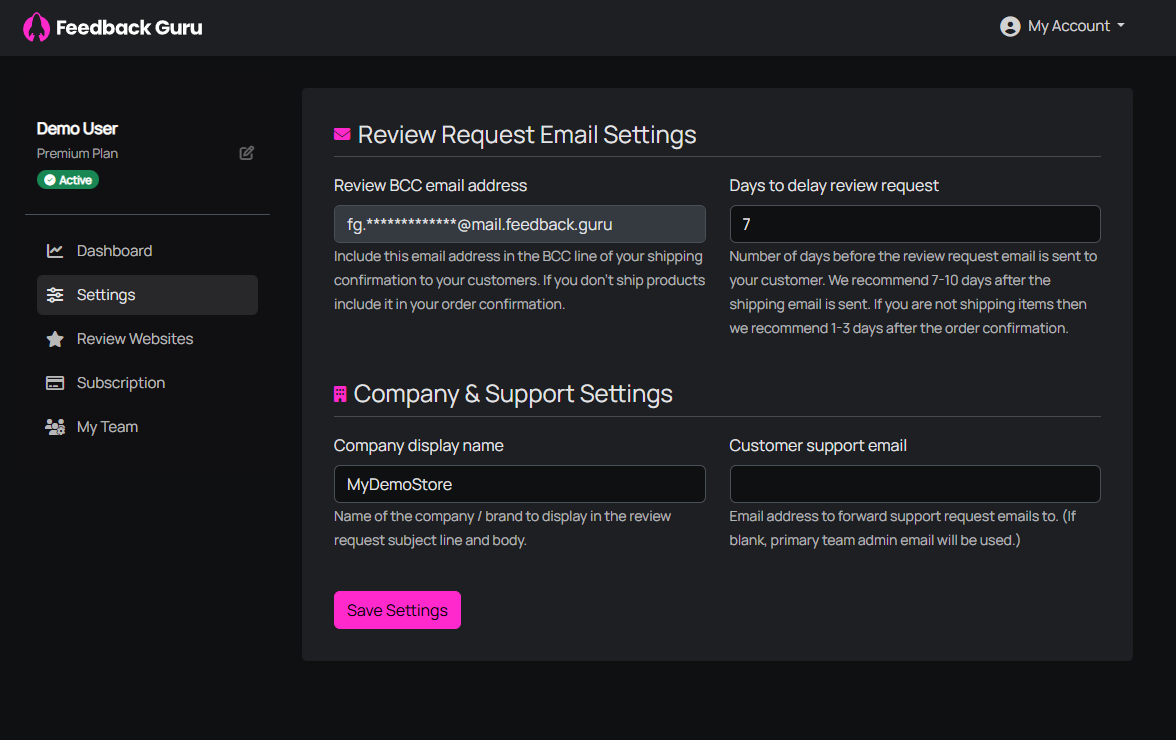 Settings - Review BCC email address and Review Request Email Settings; Company & Support Settings below