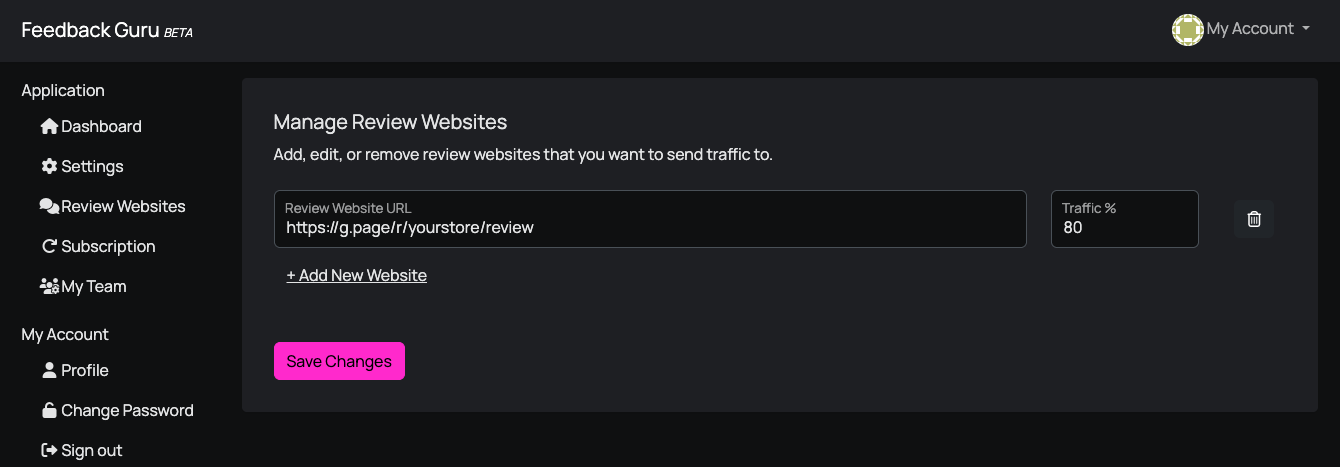 Add your Google review link in Review Websites and set Traffic %